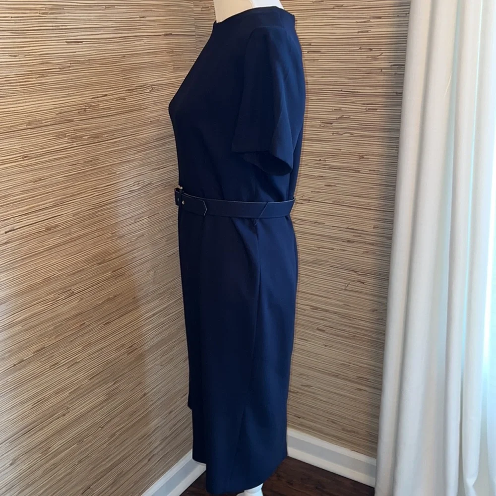 Leslie Fay navy dress with belt & striped jacket. Size 8 EUC! - Picture 2 of 8